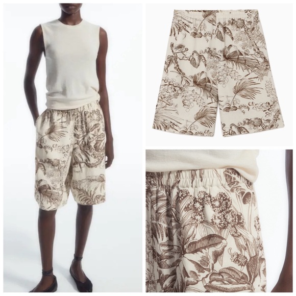 COS Women’s Size 8 Cream & Brown Botanical Print Pull-On Longline Linen Shorts - Picture 14 of 15